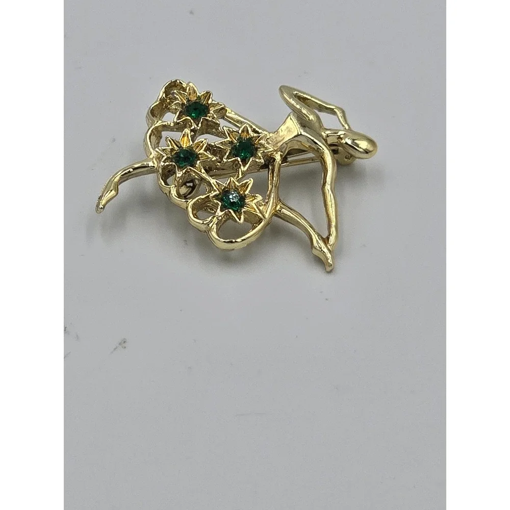 Vintage Gerry's Signed Ballerina Brooch Pin - Gold Tone & Green Rhinestones